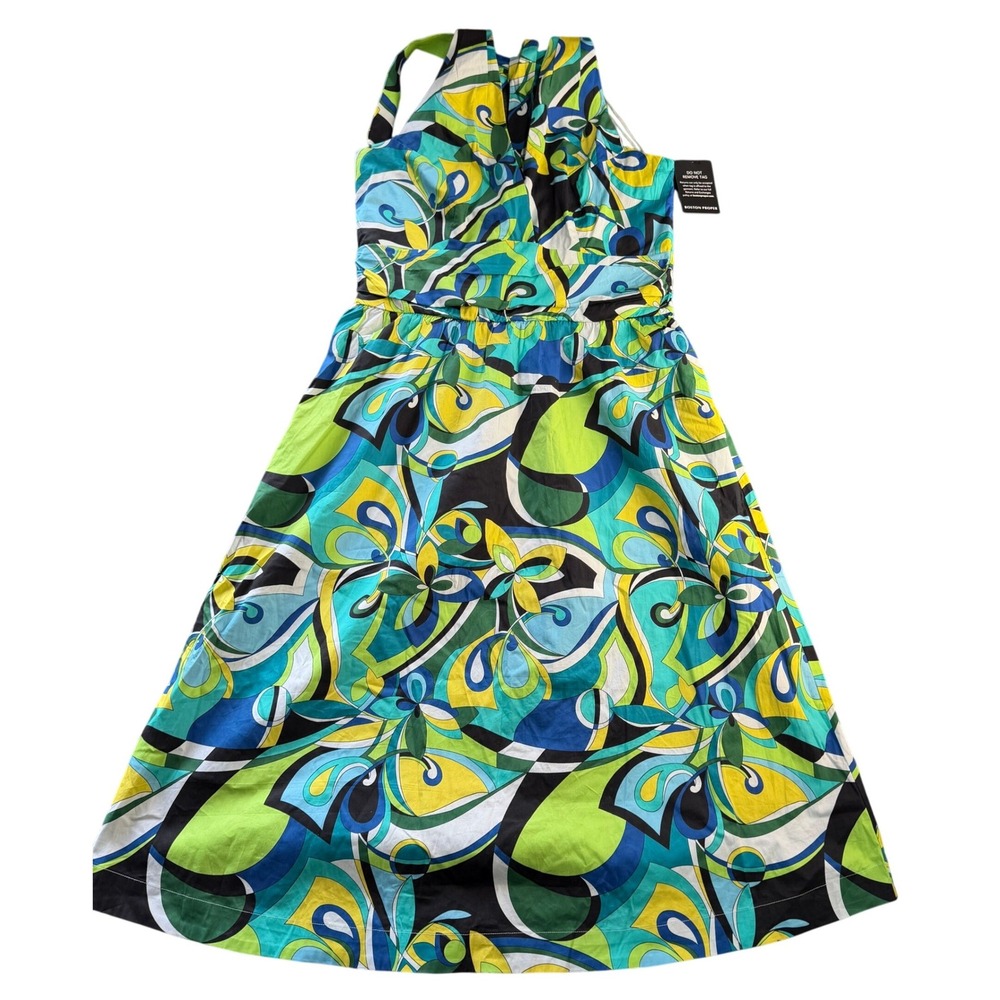 Boston Proper Halter Midi‎ Dress Womens 14 Green Blue Abstract Floral Summer NWT
